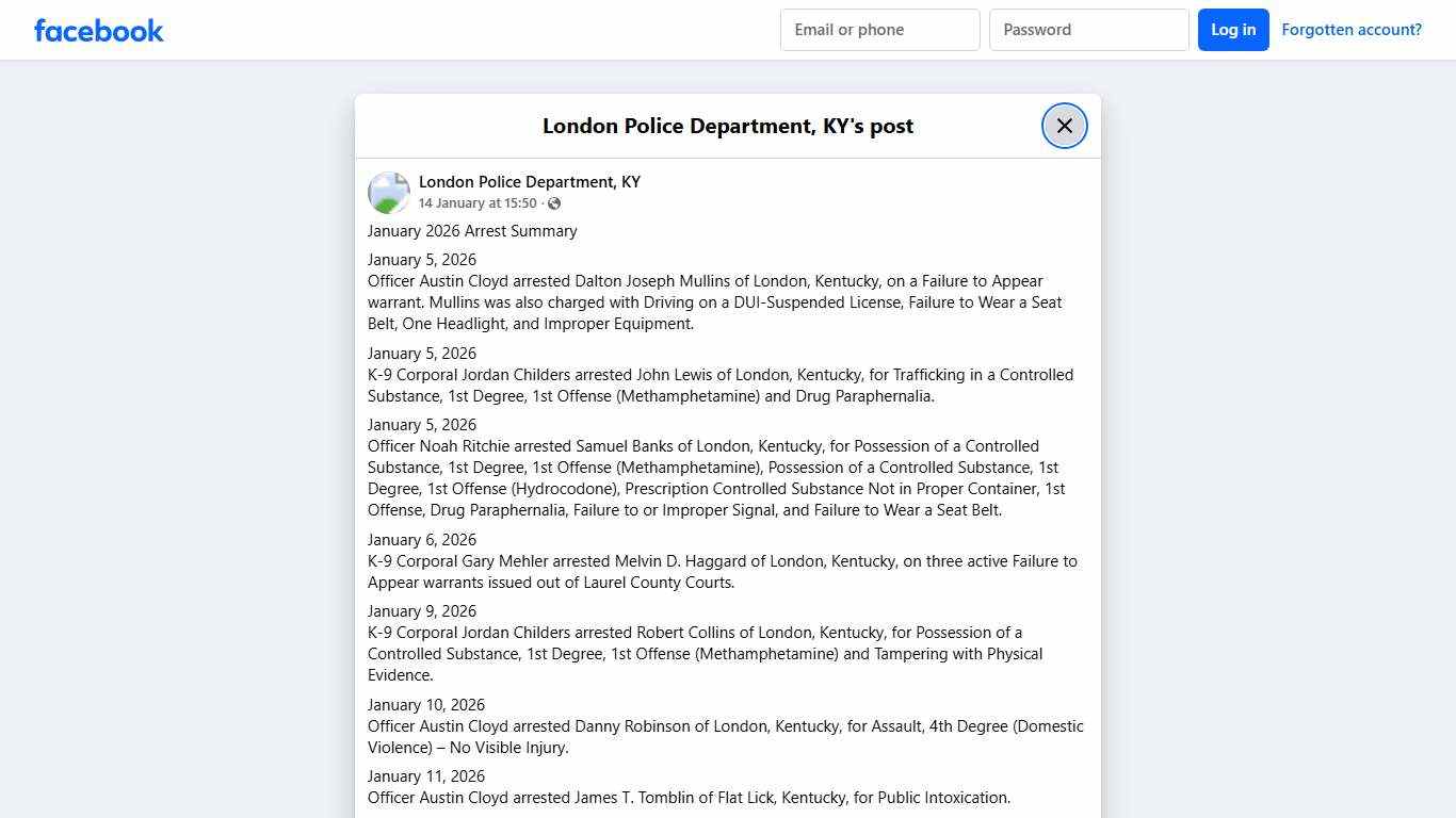 January 2026 Arrest Summary... - London Police Department, KY Facebook